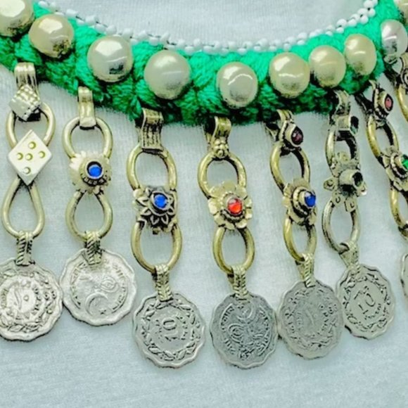 Green Choker Necklace, Vintage Coins Choker Necklace, Tribal Boho Necklace - Picture 3 of 6